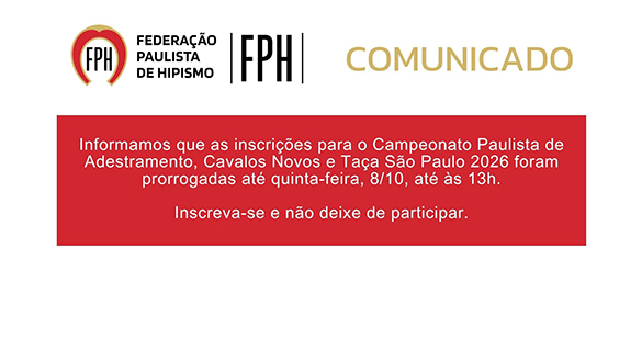 Inscrições para o Campeonato Paulista de Adestramento até 8/10 às 13h